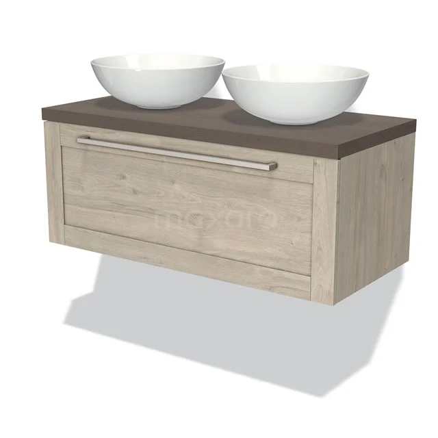 Holz-Badmöbel mit Eiche-Finish, modernes Design, Doppelwaschbecken und eine geräumige Schublade für Stauraum.