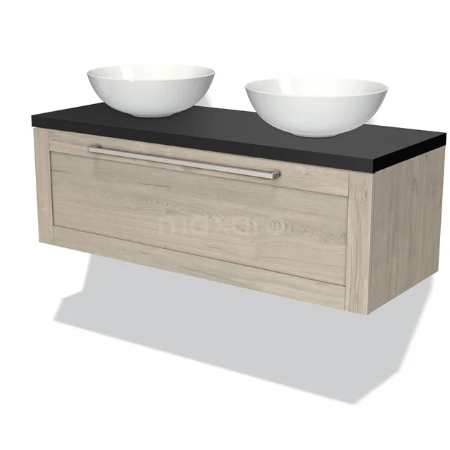 Wooden bathroom unit with two white vanity units for countertop wash basins and black worktop, ideal for a modern bathroom design.