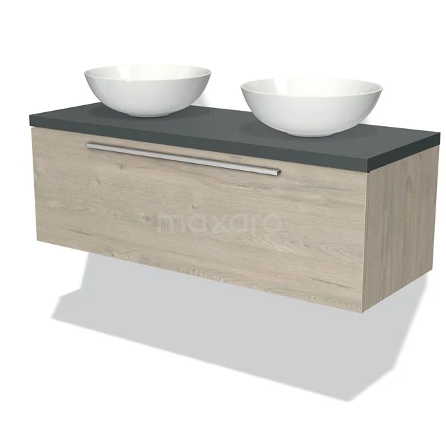 Wooden floating bathroom unit with dark grey worktop and double white countertop wash basins, modern design.