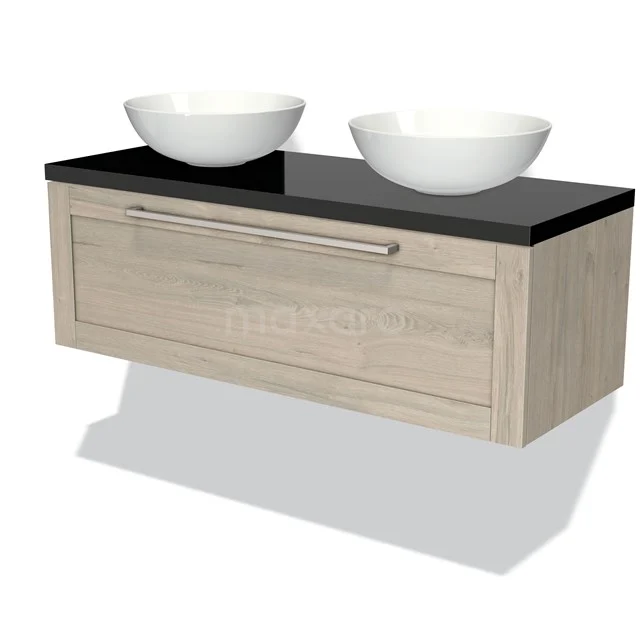Modulo Plato Vanity units for countertop basin | 120 cm Light grey oak Frame front High-gloss black worktop 1 drawer BMK11-01258 Vanity unit wood-look with black plate and two white countertop wash basins, stylish modern bathroom solution.