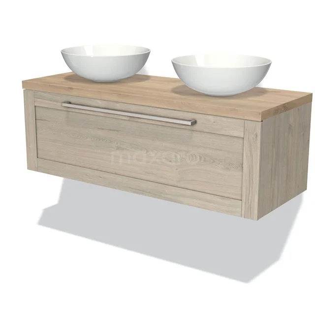 Holz Badezimmermöbel mit zwei runden weißen Aufsatzwaschbecken, modernes Design, aus Eiche gefertigt, einschließlich metallischem Haltegriff.