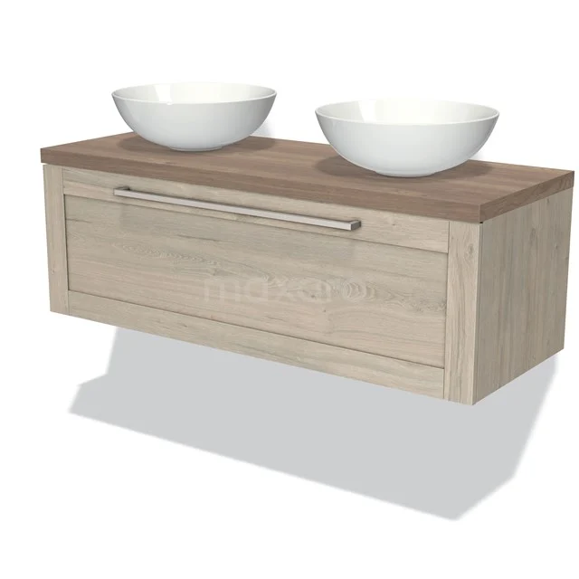 Wooden bathroom unit with double countertop wash basin, Oak look, wall-mounted, with drawers and modern design.