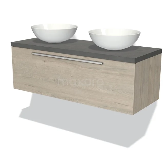 Wooden bathroom unit with two white countertop wash basins and grey stone worktop, modern design, perfect for a stylish bathroom.