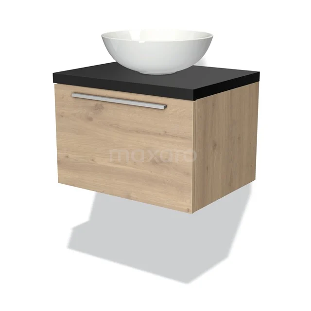 Holz-Badmöbel mit schwarzer Platte und weißem Aufsatzwaschbecken, schwebendes Design, ideal als Waschbeckenlösung für moderne Bäder.