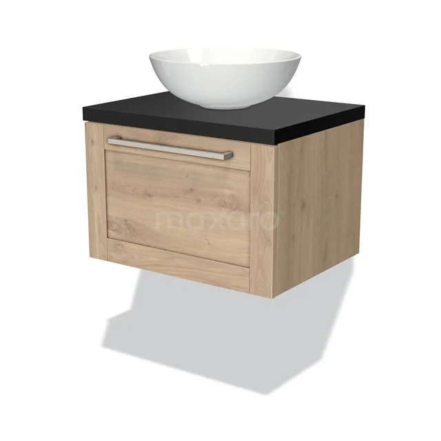 Hölzerner Badschrank mit schwarzer Platte, weißem schalenförmigen Waschbecken, Wandmontage, schlankes Design für moderne Bäder.