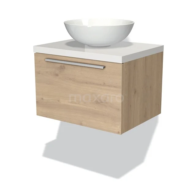 Wandmöbel Badezimmer, Eichenholzlook, weißes keramisches Aufsatzwaschbecken, minimalistisches Design, ideal für kompakte Badezimmerlösungen.