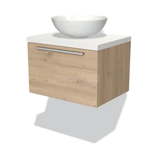 Holz Badezimmermöbel mit weißem Aufsatzwaschbecken, Schublade und metallischem Haltegriff, modernes Design für stilvolle Badezimmergestaltung.