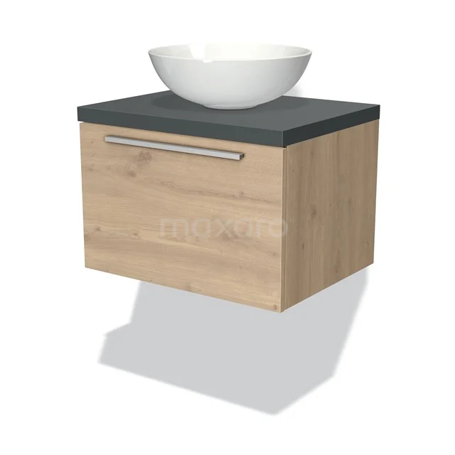 Badmöbel für Aufsatzwaschbecken 60cm Modulo Plato Hellbraune Eiche 1 Schublade Flach Dunkelgrau Platte BMK11-01281 Holz-Badmöbel mit hängendem Design, dunkler Platte und weißem Aufsatzwaschbecken; kompakt und modern für stilvolle Badezimmer.