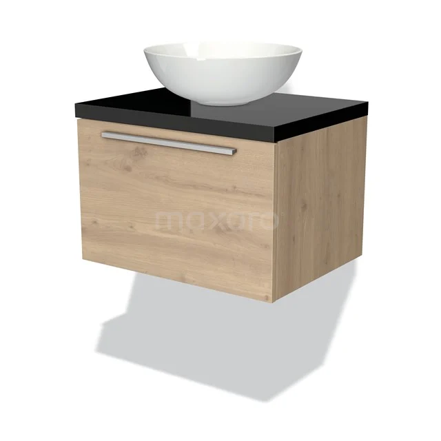 Holz-Badmöbel mit schwarzer Platte und porzellan Aufsatzwaschbecken, hängendes Design mit modernem Aussehen.