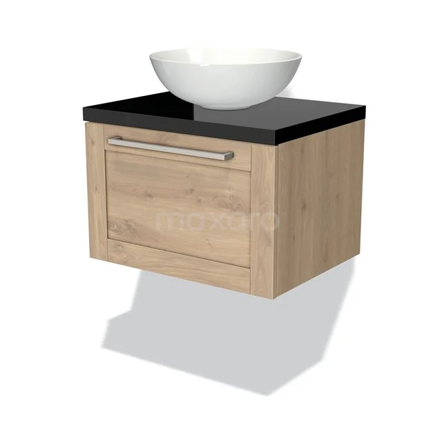 Wooden bathroom unit with black worktop, ceramic round basin, modern design for stylish bathroom design.