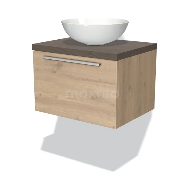 Wooden bathroom unit with dark grey worktop and white countertop wash basin, hanging design, ideal for a modern bathroom style.