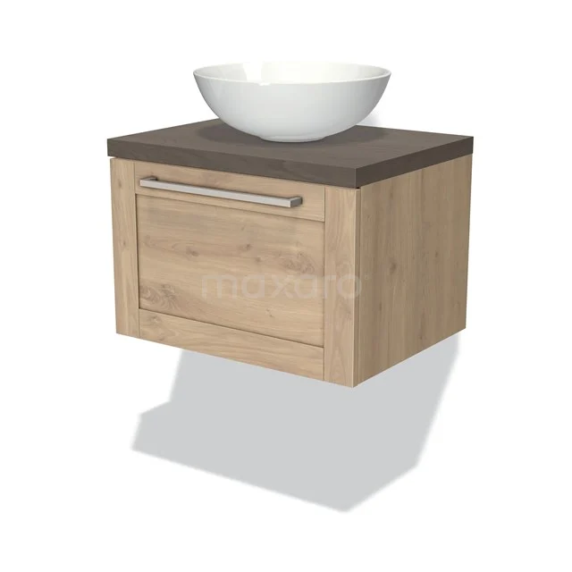 Wooden bathroom unit with drawers, dark top and white round countertop wash basin; sleek design for modern bathrooms.