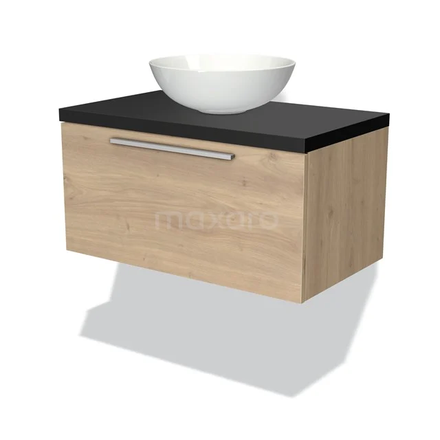 Modulo Plato Badmöbel mit Aufsatzwaschbecken | 80 cm Hellbraune Eiche Flach front Matt Schwarz blatt 1 Schublade BMK11-01299 Holz-Badmöbel mit schwarzer Oberplatte und Aufsatzwaschbecken, modernes Design, ideal für eine stilvolle Badezimmer Einrichtung.