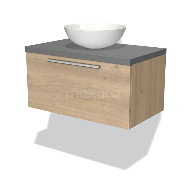 Badmöbel für Waschtischunterschrank mit Konsole 80cm Modulo Plato Hellbraune Eiche 1 Schublade Flach Mittelgrau Platte BMK11-01301 Hölzernes Badezimmermöbel mit modernem grauem Platte und runder Aufsatzwaschbecken, ideal für stilvolle Badezimmergestaltung.