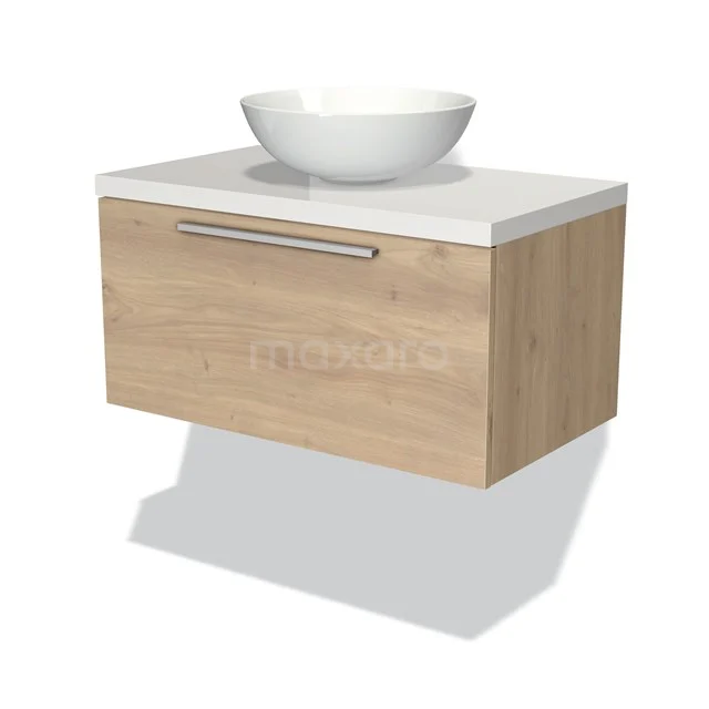 Holz Badezimmermöbel mit weißem Aufsatzwaschbecken, modernes Design und Soft-Close-Schublade, ideal für stilvolle Badezimmergestaltung.