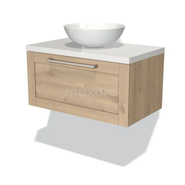 Wooden bathroom unit with white countertop wash basin, hanging design, oak look, modern series, ideal for a stylish bathroom.