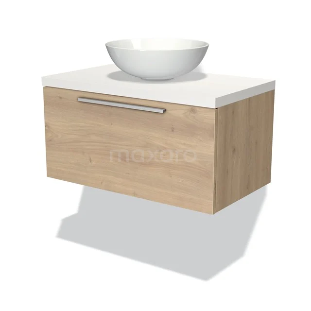 Holz Badezimmermöbel mit Schublade, weißem Waschbecken, Wandmontage, modernes Design, ideal für einen klaren Badezimmerraum.