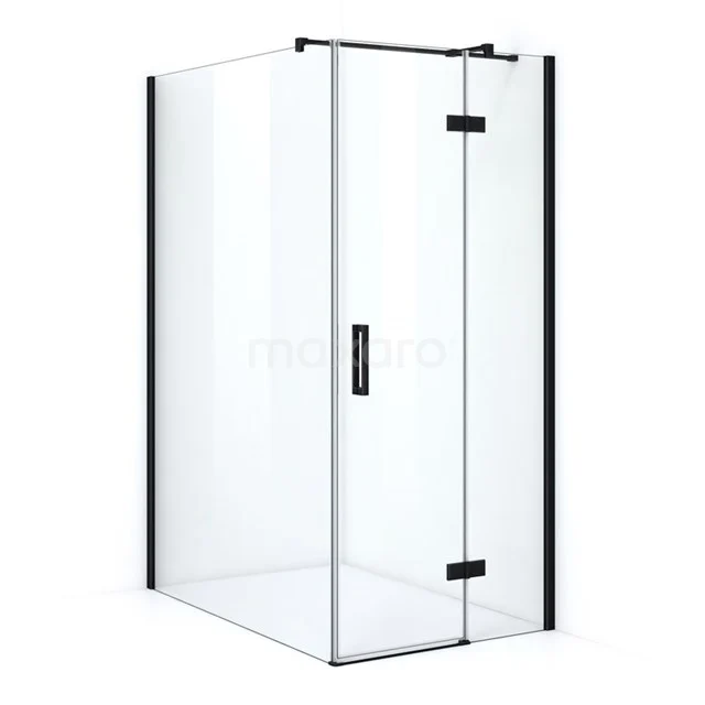 Helderglazen Duschkabine mit mattschwarzen Profilen und Scharnierdeur, ideal für eine moderne Badezimmerinrichtung.