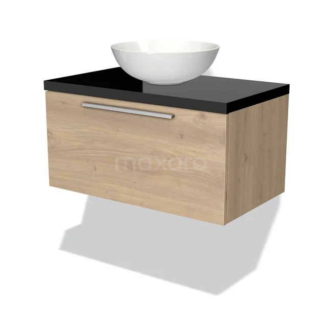 Hölzernes Badezimmermöbel mit schwarzer Platte und weißem Aufsatzwaschbecken; schwebendes Design mit metallischem Haltegriff, ideal für moderne Bäder.