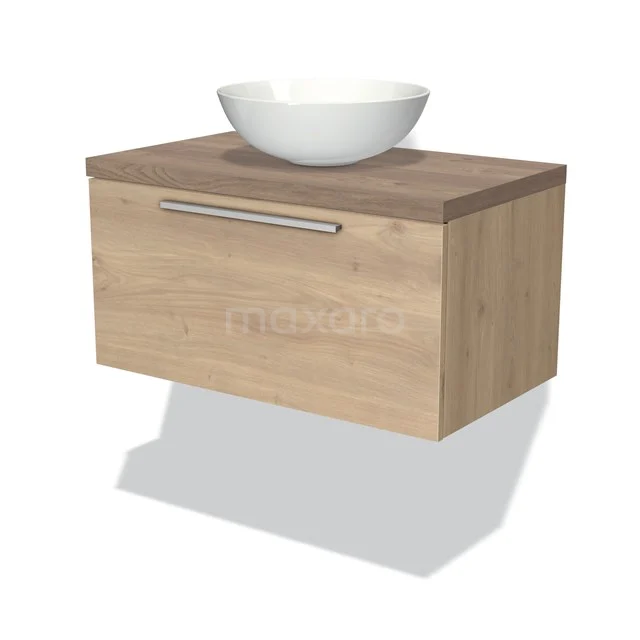 Eichen Badezimmermöbel schwebend mit Schublade, keramischem Aufsatzwaschbecken und metallischem Haltegriff, kompakt und modernes Design.