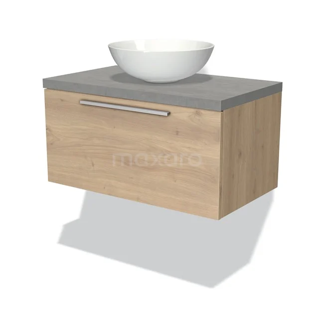 Schwebender Holz-Waschbeckenunterschrank mit Betonlook Platte und weißem Aufsatzwaschbecken, ideal für einen modernen Badezimmerstil.