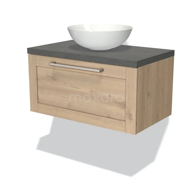 Wooden bathroom unit with washbasin bowl, natural stone grey tops and a modern metal handle. Perfect for a stylish bathroom.