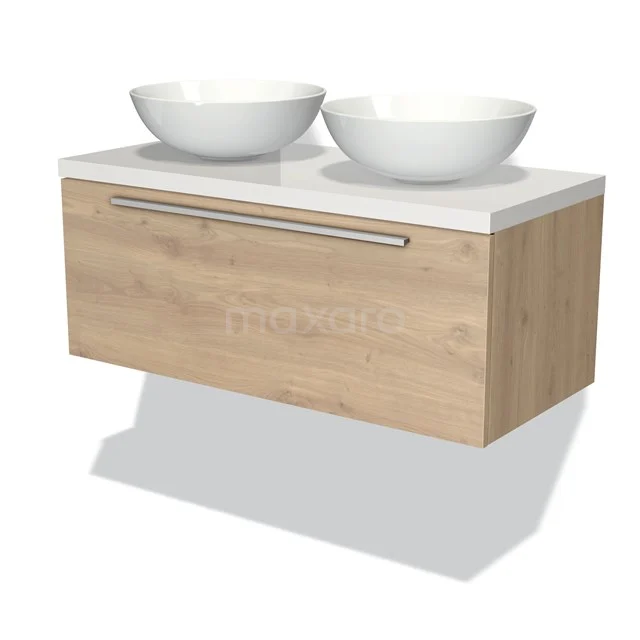 Holz Badezimmermöbel mit zwei weißen Aufsatzwaschbecken, moderne Ausstrahlung, geeignet für luxuriöse Badezimmerinterieur.