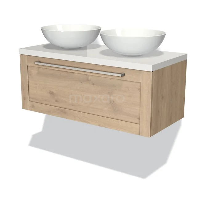 Wooden bathroom unit with double white drawers, wall-mounted and drawer, perfect for modern bathroom design.