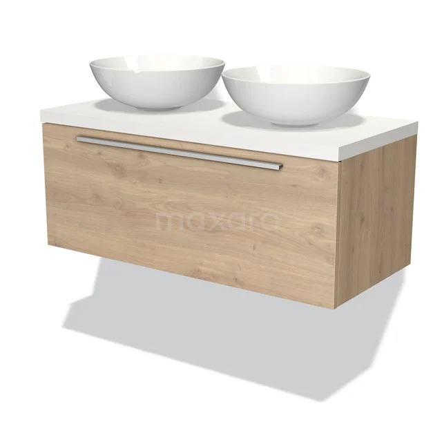 Badmöbel für Waschtischunterschrank mit Konsole 100cm Modulo Plato Hellbraune Eiche 1 Schublade Flach Matt Weiß Platte BMK11-01331 Holz Badezimmermöbel mit doppelten weißen Aufsatzwaschbecken, modernes Design und schlankem Metallgriff. Perfekt für ein stilvolles Badezimmer.