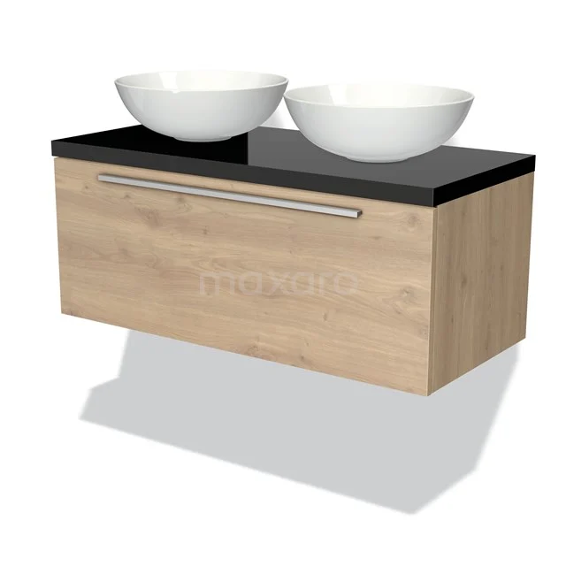 Holz-Badmöbel mit schwarzer Platte und doppeltem weißen Aufsatzwaschbecken, modernes Design aus der Luxus-Badmöbel-Serie.