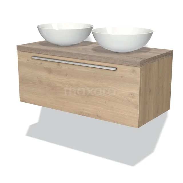 Holz Badezimmermöbel mit natürlichem Eiche Design, doppeltem weißen Aufsatzwaschbecken und langem metallischen Haltegriff.