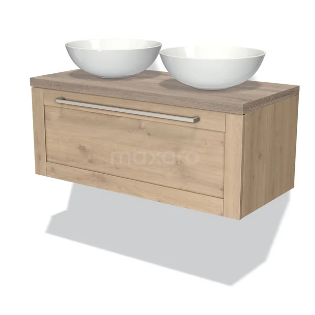 Modulo Plato Badmöbel mit Aufsatzwaschbecken | 100 cm Hellbraune Eiche Rahmen front Eiche blatt 1 Schublade BMK11-01338 Hölzernes Badezimmermöbel mit zwei runden weißen Aufsatzwaschbecken, hängendem Design und einer Schublade mit metallischem Haltegriff für Stauraum.