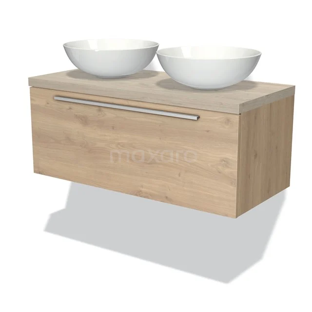 Badezimmermöbel Holzoptik mit doppelten weißen Aufsatzwaschbecken, schwebendes Design und metallischem Haltegriff. Modern und räumlich präsent.