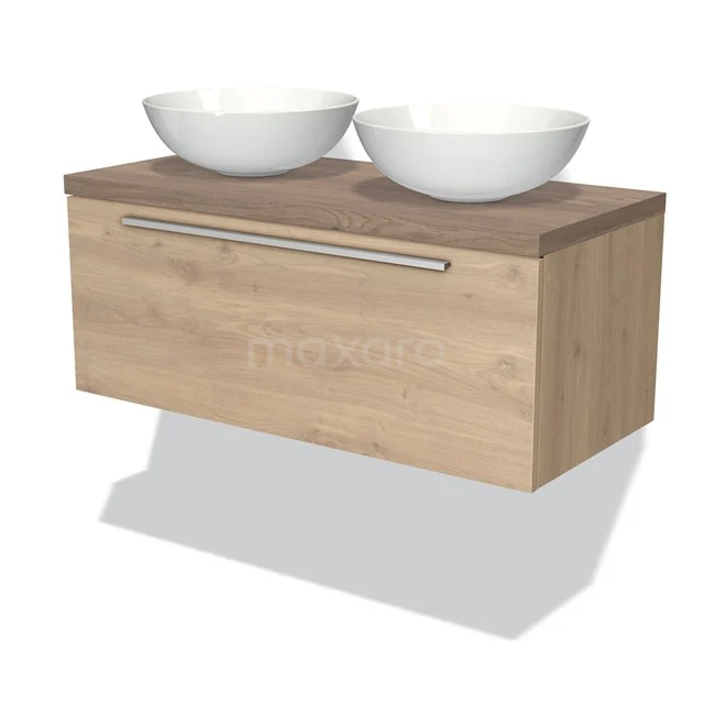 Badmöbel für Waschtischunterschrank mit Konsole 100cm Modulo Plato Hellbraune Eiche 1 Schublade Flach Mittelbraune Eiche Platte BMK11-01341 Holz Badezimmermöbel mit zwei weißen Aufsatzwaschbecken, modernem Schublade und matter Holzoberfläche für ein stilvolles Badezimmer.