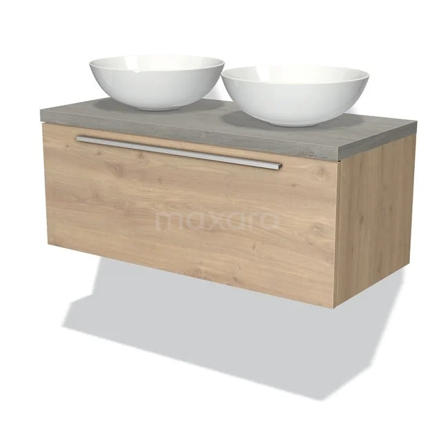 Hölzernes Badezimmermöbel mit Betonplatte und zwei weißen Aufsatzwaschbecken, stilvolles Design für moderne Bäder.