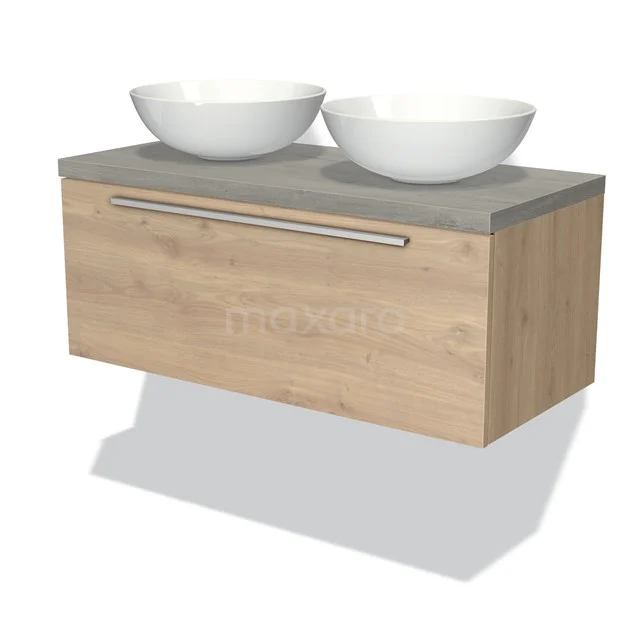 Hölzernes Badezimmermöbel mit Betonplatte und zwei weißen Aufsatzwaschbecken, stilvolles Design für moderne Bäder.