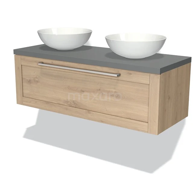 Modulo Plato Vanity units for countertop basin | 120 cm Light brown oak Frame front Mid grey worktop 1 drawer BMK11-01354 Wooden bathroom unit with one drawer, grey stone worktop and two round white countertop wash basins, modern design.