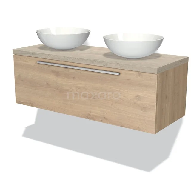 Badmöbel für Waschtischunterschrank mit Konsole 120cm Modulo Plato hellbraune Eiche 1 Schublade Flach hellgraue Eiche Platte BMK11-01365 Holz Badezimmermöbel mit doppelten Aufsatzwaschbecken, hell Eichenholz, schwebendes Design und modernes Edelstahl-Griff.