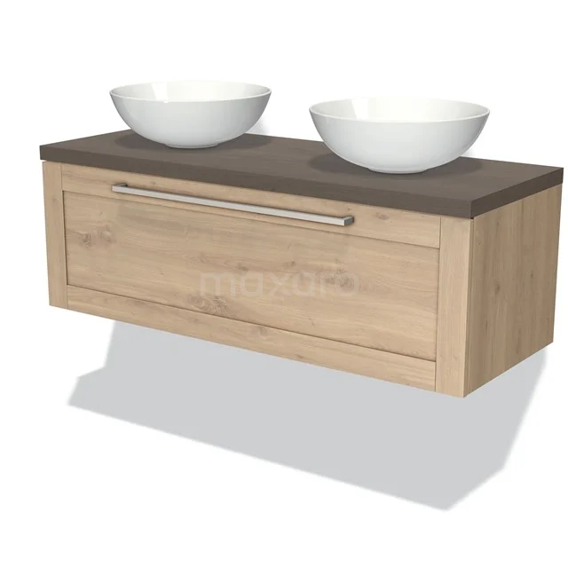 Modulo Plato Vanity units for countertop basin | 120 cm Light brown oak Frame front Dark brown oak worktop 1 drawer BMK11-01370 Wooden bathroom unit with natural oak look, dark basin worktop and two white round countertop wash basins.