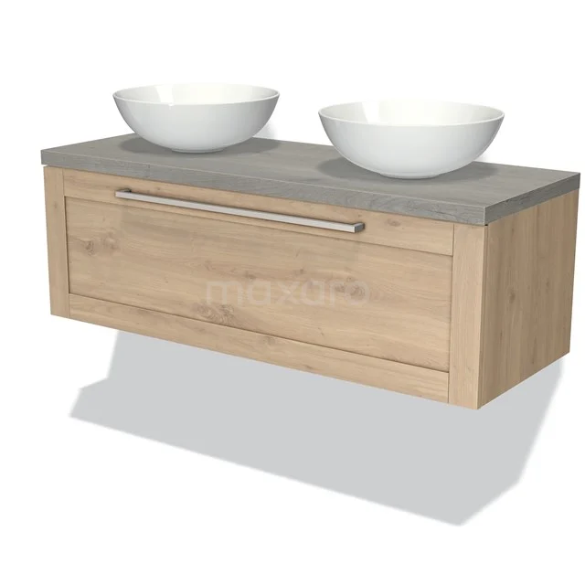 Modulo Plato Vanity units for countertop basin | 120 cm Light brown oak Frame front Grey oak worktop 1 drawer BMK11-01372 Wooden bathroom unit with two white countertop wash basins, concrete-look worktop and metal Handle, modern and stylish design.