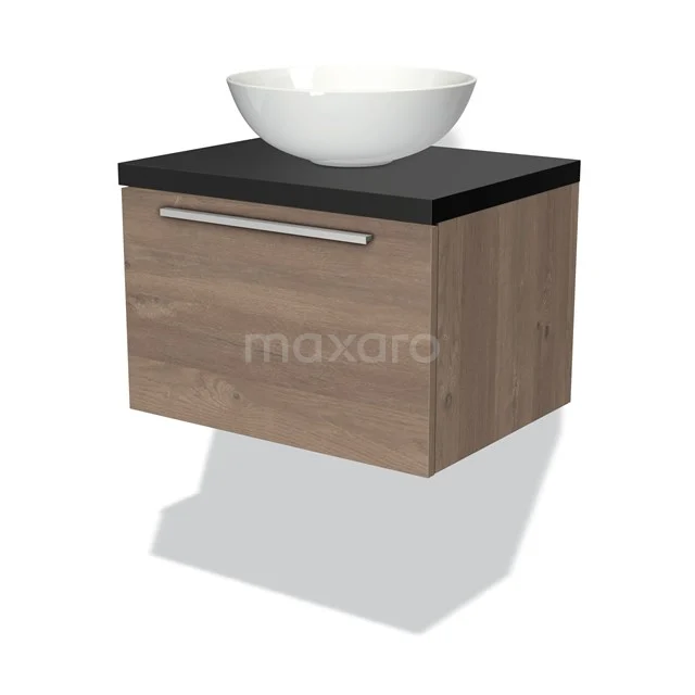 Holz-Badmöbel mit hängendem Design, schwarzer Platte und rundem Waschbecken; stilvoll und kompakt für moderne Bäder.