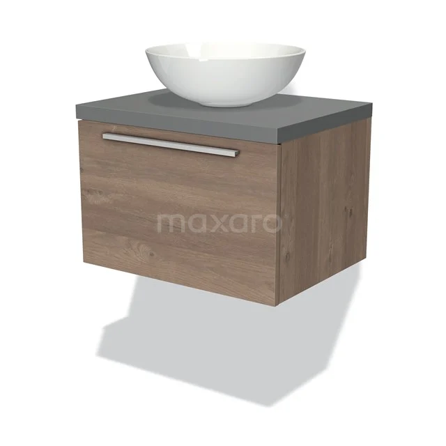 Badmöbel für Waschtischunterschrank mit Konsole 60cm Modulo Plato Mittelbraune Eiche 1 Schublade Flach Mittelgrau Platte BMK11-01379 Holz-Badmöbel mit grauer Platte, rundem Aufsatzwaschbecken und metallischem Haltegriff, ideal für einen modernen Badezimmerstil.