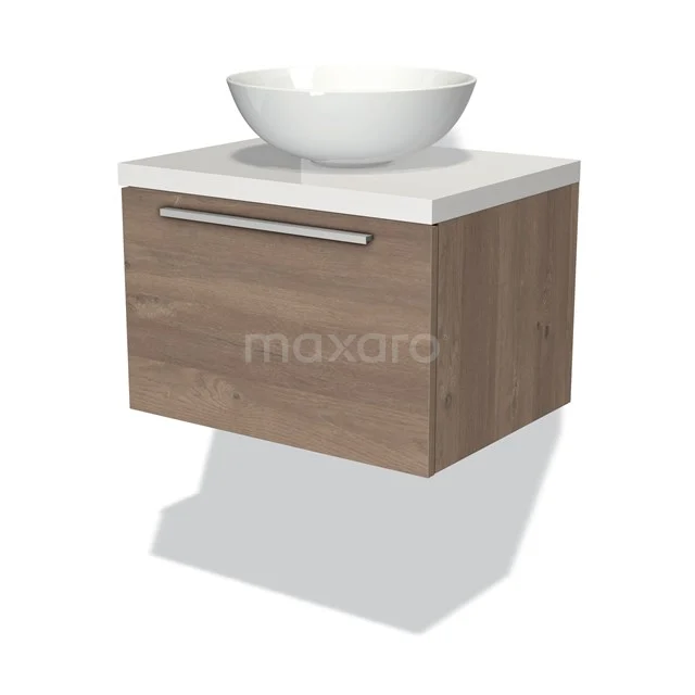 Holz-Badmöbel mit weißem Aufsatzwaschbecken, ausgestattet mit Schublade und chromfarbenem Griff. Modernes Design, perfekt für kompakte Bäder.