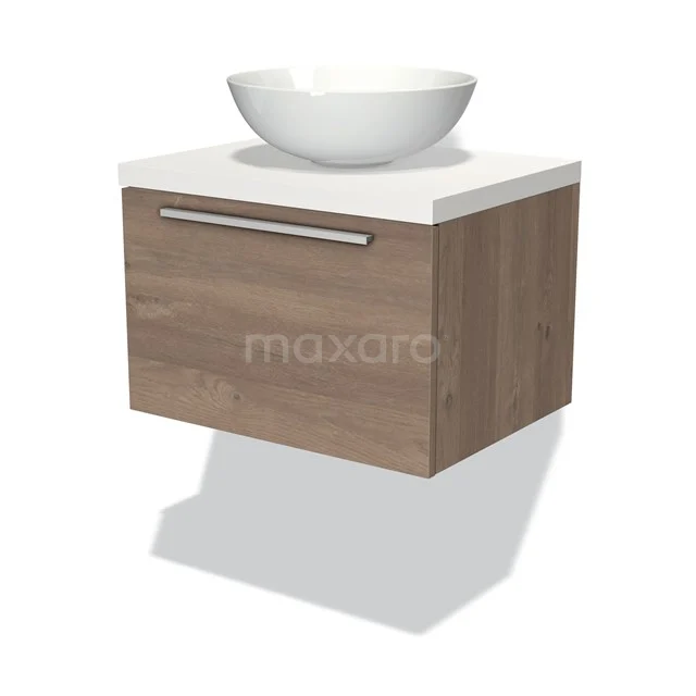 Holz-Badmöbel mit weißem Aufsatzbecken, minimalistisches Design, hängendes Modell, ideal für moderne Badezimmer.