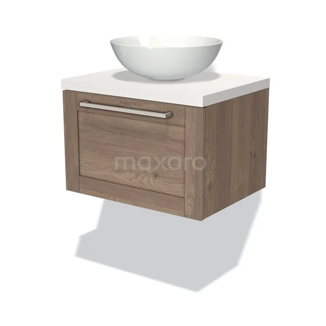 Modern wooden bathroom unit with basin, hanging design, white ceramic and oak-look finish.
