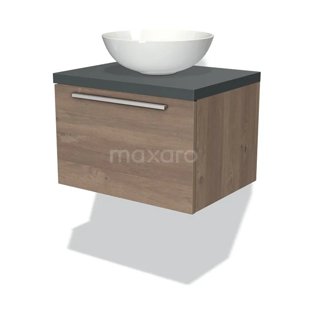 Badmöbel für Waschtischunterschrank mit Konsole 60cm Modulo Plato mittelbraune Eiche 1 Schublade flach Dunkelgrau Platte BMK11-01385 Holz-Badmöbel mit grauer Waschtischplatte und weißem Aufsatzbecken, kompaktes Design für moderne Badezimmergestaltung.