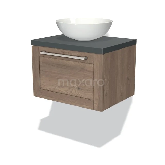 Wooden bathroom unit with grey worktop, integrated basin and chrome handle; modern design for a stylish bathroom.