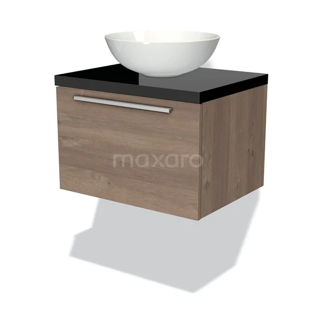 Holz schwebendes Badezimmermöbel mit schwarzer Oberseite und rundem weißen Aufsatzwaschbecken, ideal für eine moderne Bäder-Setup.