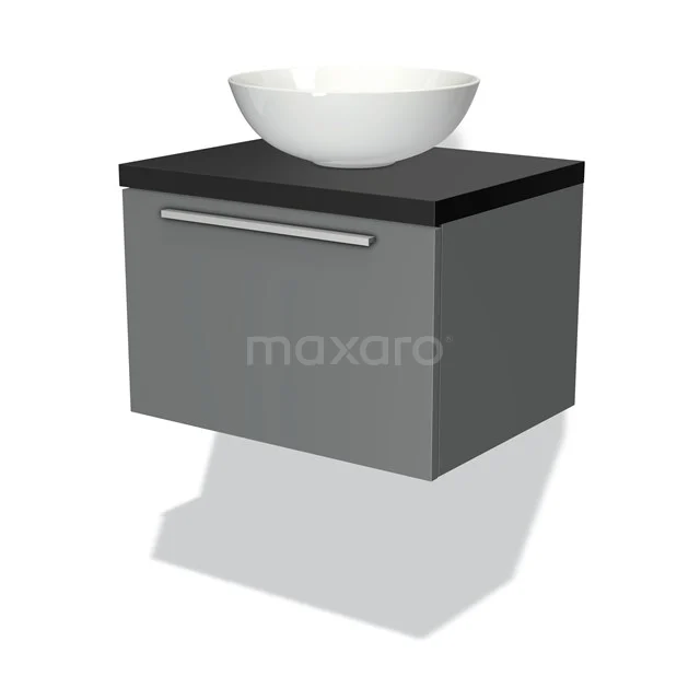 Grauer wandhängender Badschrank mit schwarzem Oberteil und rundem weißen Waschbecken, modernes Design.