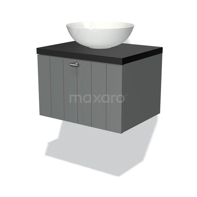 Graues Holz-Badmöbel mit schwarzer Platte und weißem rundem Waschbecken, modernes Design ideal für stilvolle Bäder.